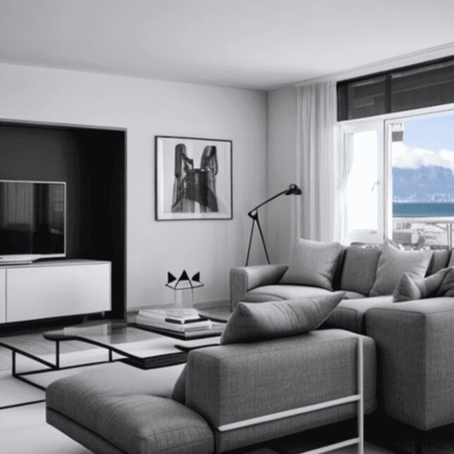 Retouche photo immobilière automatisée avec Koubou Un salon moderne retouché automatiquement par Koubou, avec une meilleure gestion de la lumière et des couleurs naturelles.